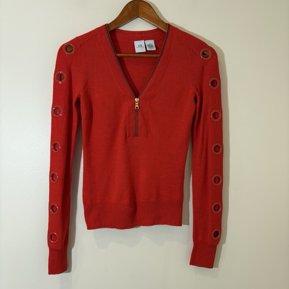 Y2K Armani Exchange Womens Bodycon Sweater Orange Grommet Zipper Indie Sleaze